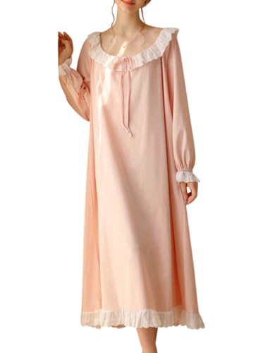 Minetom Nachthemd Damen Lang Vintage Einfarbig Lose Langarm Schlafshirt Frauen Weich Leichte Nachtwäsche Nachtkleid Pyjama H Rosa S von Minetom