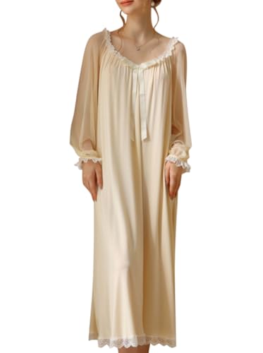 Minetom Nachthemd Damen Lang Vintage Einfarbig Lose Langarm Schlafshirt Frauen Weich Leichte Nachtwäsche Nachtkleid Pyjama I Gelb S von Minetom
