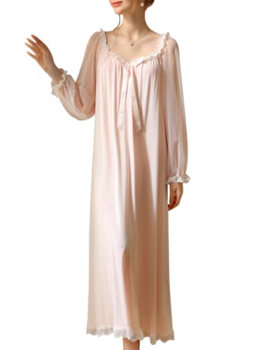 Minetom Nachthemd Damen Lang Vintage Einfarbig Lose Langarm Schlafshirt Frauen Weich Leichte Nachtwäsche Nachtkleid Pyjama I Rosa L von Minetom