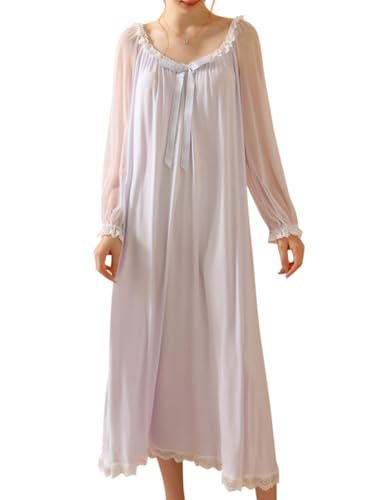 Minetom Nachthemd Damen Lang Vintage Einfarbig Lose Langarm Schlafshirt Frauen Weich Leichte Nachtwäsche Nachtkleid Pyjama I Violett M von Minetom