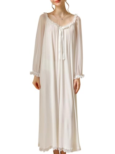Minetom Nachthemd Damen Lang Vintage Einfarbig Lose Langarm Schlafshirt Frauen Weich Leichte Nachtwäsche Nachtkleid Pyjama I Weiß M von Minetom