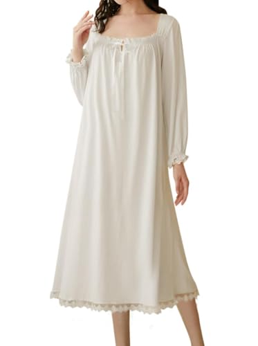 Minetom Nachthemd Damen Lang Vintage Einfarbig Lose Langarm Schlafshirt Frauen Weich Leichte Nachtwäsche Nachtkleid Pyjama J Weiß M von Minetom