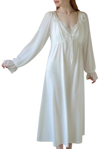 Minetom Nachthemd Damen Lang Vintage Einfarbig Lose Langarm Schlafshirt Frauen Weich Leichte Nachtwäsche Nachtkleid Pyjama K Weiß S von Minetom
