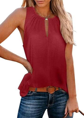 Minetom Oberteile Tops Damen Sexy Tank Top V-Ausschnitt Ärmellose Top Weste Slip Sommer Strand Vest Top Bluse A Rot S von Minetom