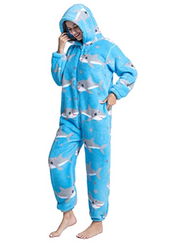 Minetom Onesie Damen Jumpsuit Warm Fleece Hoodie Tierdruck Einteiler Schlafanzug Nachtwäsche Pyjama Overall Mit Kapuze Blau XS von Minetom