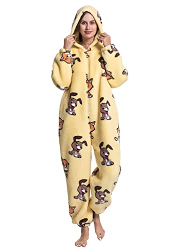 Minetom Onesie Damen Kinder Mädchen Jumpsuit Warm Fleece Hoodie Tierdruck Einteiler Schlafanzug Nachtwäsche Pyjama Overall Mit Kapuze Gelb XL von Minetom