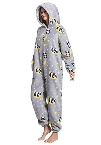 Minetom Onesie Damen Kinder Mädchen Jumpsuit Warm Fleece Hoodie Tierdruck Einteiler Schlafanzug Nachtwäsche Pyjama Overall Mit Kapuze Grau M von Minetom