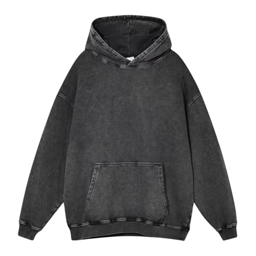 Minetom Oversize Pullover Damen Ausgewaschene Hoodie Y2K Vintage Sweatshirt Basic Kapuzenpullover Used-Look Übergangspulli Retro Kapuzenjacke Kapuzenpulli B Schwarz L von Minetom