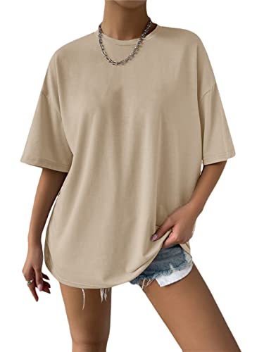 Minetom Oversize T-Shirt Damen Elegante Rundhals Kurzarm Tops Lässig Lose Sommer Oberteile Einfarbig Bluse Mode Farbblock Streetwear Lang Pullover Sweatshirt Teenager Mädchen A Aprikose XL von Minetom