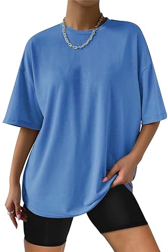 Minetom Oversize T-Shirt Damen Elegante Rundhals Kurzarm Tops Lässig Lose Sommer Oberteile Einfarbig Bluse Mode Farbblock Streetwear Lang Pullover Sweatshirt Teenager Mädchen A Blau L von Minetom