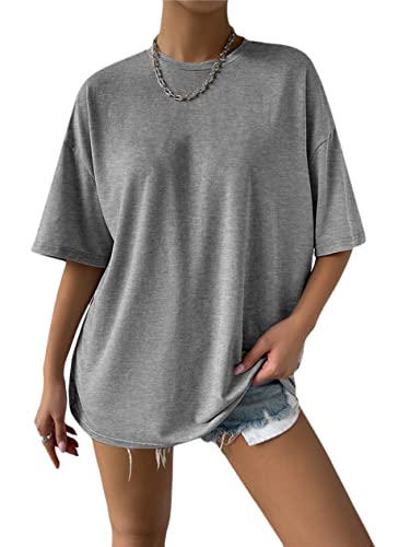 Minetom Oversize T-Shirt Damen Elegante Rundhals Kurzarm Tops Lässig Lose Sommer Oberteile Einfarbig Bluse Mode Farbblock Streetwear Lang Pullover Sweatshirt Teenager Mädchen A Grau M von Minetom