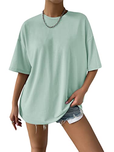 Minetom Oversize T-Shirt Damen Elegante Rundhals Kurzarm Tops Lässig Lose Sommer Oberteile Einfarbig Bluse Mode Farbblock Streetwear Lang Pullover Sweatshirt Teenager Mädchen A Grün M von Minetom