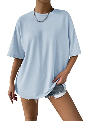 Minetom Oversize T-Shirt Damen Elegante Rundhals Kurzarm Tops Lässig Lose Sommer Oberteile Einfarbig Bluse Mode Farbblock Streetwear Lang Pullover Sweatshirt Teenager Mädchen A Hellblau L von Minetom