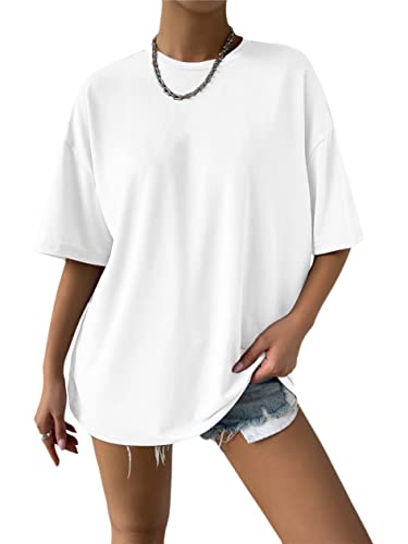 Minetom Oversize T-Shirt Damen Elegante Rundhals Kurzarm Tops Lässig Lose Sommer Oberteile Einfarbig Bluse Mode Farbblock Streetwear Lang Pullover Sweatshirt Teenager Mädchen A Weiß S von Minetom