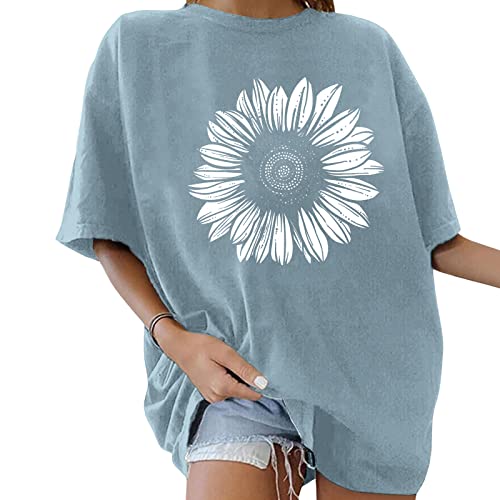 Minetom Oversize T-Shirt Damen Elegante Rundhals Kurzarm Tops Lässig Lose Sommer Oberteile Mode Vintage Drucken Bluse Streetwear Lang Pullover Sweatshirt Teenager Mädchen Tops E Blau L von Minetom