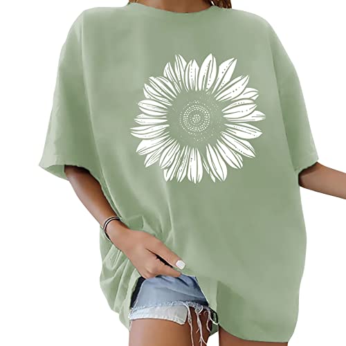 Minetom Oversize T-Shirt Damen Elegante Rundhals Kurzarm Tops Lässig Lose Sommer Oberteile Mode Vintage Drucken Bluse Streetwear Lang Pullover Sweatshirt Teenager Mädchen Tops E Hellgrün M von Minetom