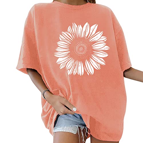 Minetom Oversize T-Shirt Damen Elegante Rundhals Kurzarm Tops Lässig Lose Sommer Oberteile Mode Vintage Drucken Bluse Streetwear Lang Pullover Sweatshirt Teenager Mädchen Tops E Orange L von Minetom