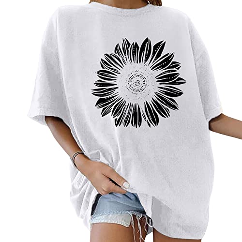 Minetom Oversize T-Shirt Damen Elegante Rundhals Kurzarm Tops Lässig Lose Sommer Oberteile Mode Vintage Drucken Bluse Streetwear Lang Pullover Sweatshirt Teenager Mädchen Tops E Weiß XXL von Minetom