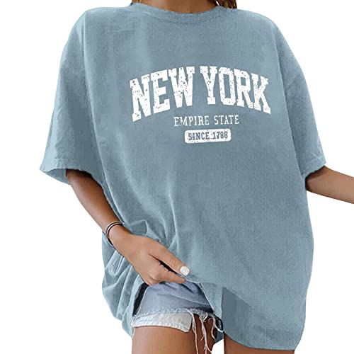 Minetom Oversize T-Shirt Damen Elegante Rundhals Kurzarm Tops Lässig Lose Sommer Oberteile Mode Vintage Drucken Bluse Streetwear Lang Pullover Sweatshirt Teenager Mädchen Tops F Blau M von Minetom