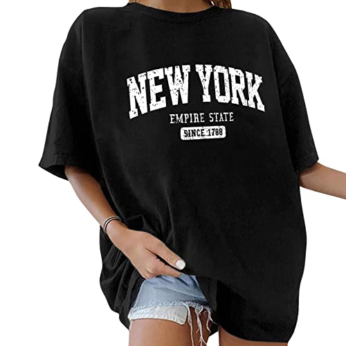 Minetom Oversize T-Shirt Damen Elegante Rundhals Kurzarm Tops Lässig Lose Sommer Oberteile Mode Vintage Drucken Bluse Streetwear Lang Pullover Sweatshirt Teenager Mädchen Tops F Schwarz L von Minetom