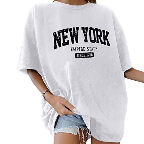 Minetom Oversize T-Shirt Damen Elegante Rundhals Kurzarm Tops Lässig Lose Sommer Oberteile Mode Vintage Drucken Bluse Streetwear Lang Pullover Sweatshirt Teenager Mädchen Tops F Weiß XL von Minetom