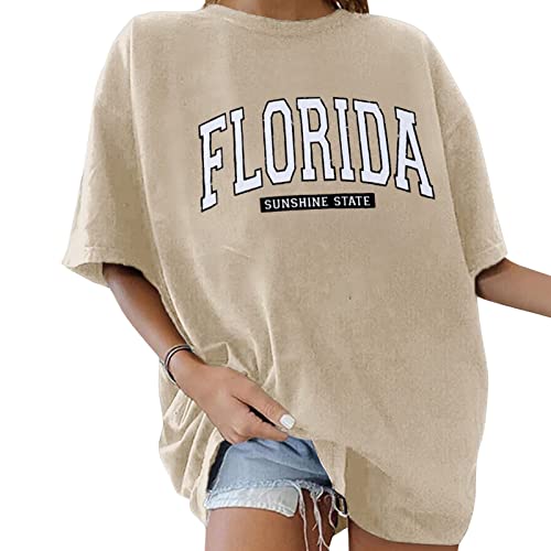 Minetom Oversize T-Shirt Damen Elegante Rundhals Kurzarm Tops Lässig Lose Sommer Oberteile Mode Vintage Drucken Bluse Streetwear Lang Pullover Sweatshirt Teenager Mädchen Tops G Aprikose XL von Minetom