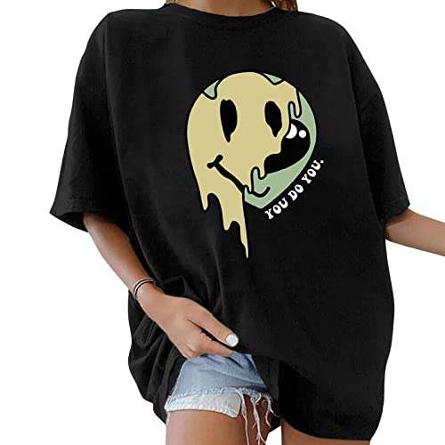 Minetom Oversize T-Shirt Damen Elegante Rundhals Kurzarm Tops Lässig Lose Sommer Oberteile Mode Vintage Drucken Bluse Streetwear Lang Pullover Sweatshirt Teenager Mädchen Tops H Schwarz XL von Minetom