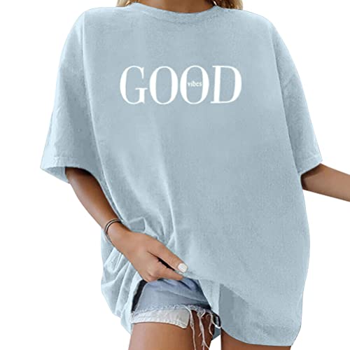 Minetom Oversize T-Shirt Damen Elegante Rundhals Kurzarm Tops Lässig Lose Sommer Oberteile Mode Vintage Drucken Bluse Streetwear Lang Pullover Sweatshirt Teenager Mädchen Tops I Blau M von Minetom