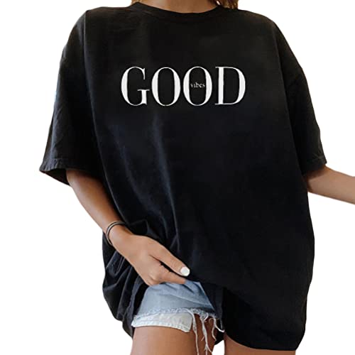 Minetom Oversize T-Shirt Damen Elegante Rundhals Kurzarm Tops Lässig Lose Sommer Oberteile Mode Vintage Drucken Bluse Streetwear Lang Pullover Sweatshirt Teenager Mädchen Tops I Schwarz XXL von Minetom