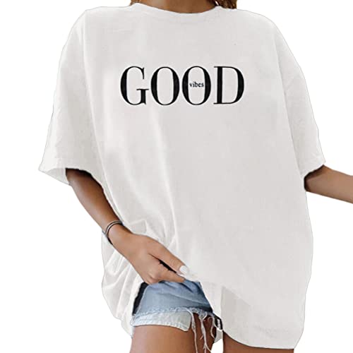 Minetom Oversize T-Shirt Damen Elegante Rundhals Kurzarm Tops Lässig Lose Sommer Oberteile Mode Vintage Drucken Bluse Streetwear Lang Pullover Sweatshirt Teenager Mädchen Tops I Weiß M von Minetom