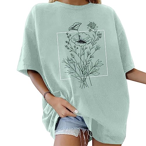 Minetom Oversize T-Shirt Damen Elegante Rundhals Kurzarm Tops Lässig Lose Sommer Oberteile Mode Vintage Drucken Bluse Streetwear Lang Pullover Sweatshirt Teenager Mädchen TopsK HellgrünL von Minetom