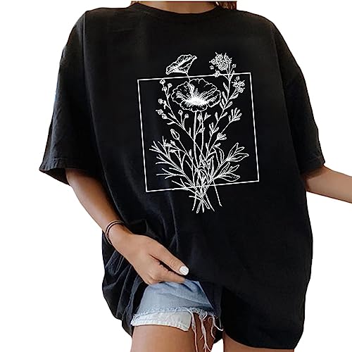 Minetom Oversize T-Shirt Damen Elegante Rundhals Kurzarm Tops Lässig Lose Sommer Oberteile Mode Vintage Drucken Bluse Streetwear Lang Pullover Sweatshirt Teenager Mädchen TopsK SchwarzM von Minetom