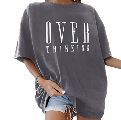 Minetom Oversize T-Shirt Damen Elegante Rundhals Kurzarm Tops Lässig Lose Sommer Oberteile Mode Vintage Drucken Bluse Streetwear Lang Pullover Sweatshirt Teenager Mädchen Tunika Tops B Grau L von Minetom