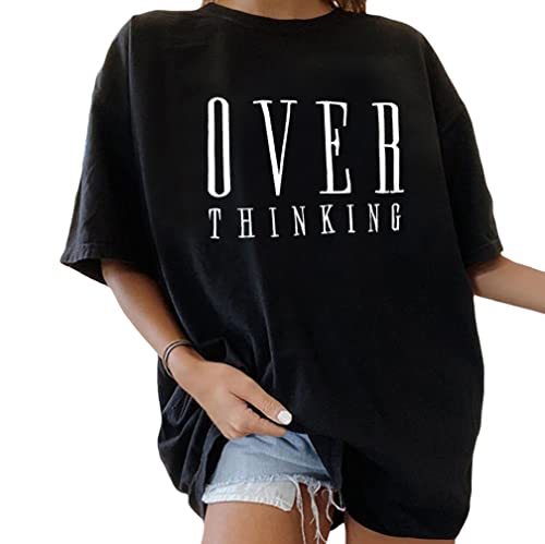 Minetom Oversize T-Shirt Damen Elegante Rundhals Kurzarm Tops Lässig Lose Sommer Oberteile Mode Vintage Drucken Bluse Streetwear Lang Pullover Sweatshirt Teenager Mädchen Tunika Tops B Schwarz XXL von Minetom