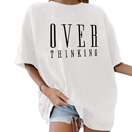 Minetom Oversize T-Shirt Damen Elegante Rundhals Kurzarm Tops Lässig Lose Sommer Oberteile Mode Vintage Drucken Bluse Streetwear Lang Pullover Sweatshirt Teenager Mädchen Tunika Tops B Weiß M von Minetom