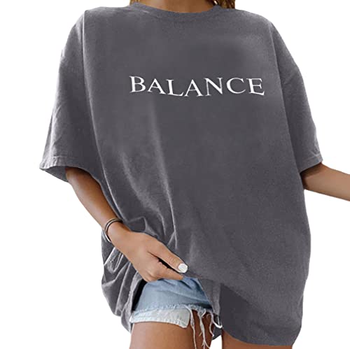 Minetom Oversize T-Shirt Damen Elegante Rundhals Kurzarm Tops Lässig Lose Sommer Oberteile Mode Vintage Drucken Bluse Streetwear Lang Pullover Sweatshirt Teenager Mädchen Tunika Tops C Grau L von Minetom