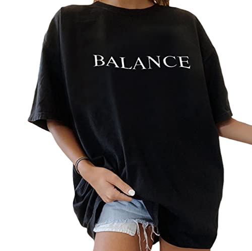 Minetom Oversize T-Shirt Damen Elegante Rundhals Kurzarm Tops Lässig Lose Sommer Oberteile Mode Vintage Drucken Bluse Streetwear Lang Pullover Sweatshirt Teenager Mädchen Tunika Tops C Schwarz S von Minetom