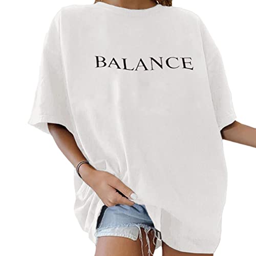 Minetom Oversize T-Shirt Damen Elegante Rundhals Kurzarm Tops Lässig Lose Sommer Oberteile Mode Vintage Drucken Bluse Streetwear Lang Pullover Sweatshirt Teenager Mädchen Tunika Tops C Weiß L von Minetom