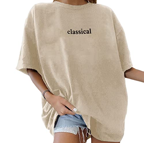 Minetom Oversize T-Shirt Damen Elegante Rundhals Kurzarm Tops Lässig Lose Sommer Oberteile Mode Vintage Drucken Bluse Streetwear Lang Pullover Sweatshirt Teenager Mädchen Tunika Tops D Aprikose S von Minetom