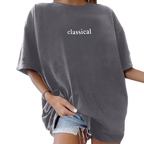 Minetom Oversize T-Shirt Damen Elegante Rundhals Kurzarm Tops Lässig Lose Sommer Oberteile Mode Vintage Drucken Bluse Streetwear Lang Pullover Sweatshirt Teenager Mädchen Tunika Tops D Grau L von Minetom