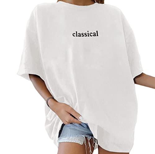 Minetom Oversize T-Shirt Damen Elegante Rundhals Kurzarm Tops Lässig Lose Sommer Oberteile Mode Vintage Drucken Bluse Streetwear Lang Pullover Sweatshirt Teenager Mädchen Tunika Tops D Weiß L von Minetom