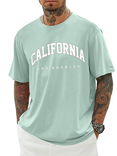 Minetom Oversized Tshirt Herren Rundhals Kurzarm Lose Sommer Oberteile Mode T-Shirt mit California Kreativen Grafik Buchstaben Vintage Drucken Streetwear Sport Casual Lang Tops E Grün M von Minetom