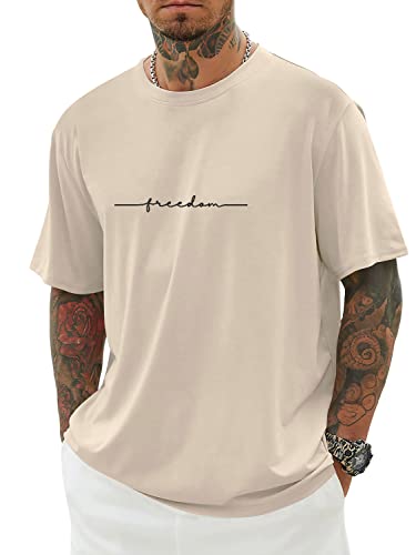 Minetom Oversized Tshirt Herren Rundhals Kurzarm Lose Sommer Oberteile Mode T-Shirt mit Freedom Kreativen Grafik Buchstaben Vintage Drucken Streetwear Sport Casual Lang Tops D Aprikose S von Minetom