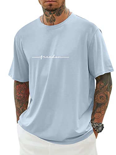 Minetom Oversized Tshirt Herren Rundhals Kurzarm Lose Sommer Oberteile Mode T-Shirt mit Freedom Kreativen Grafik Buchstaben Vintage Drucken Streetwear Sport Casual Lang Tops D Blau L von Minetom