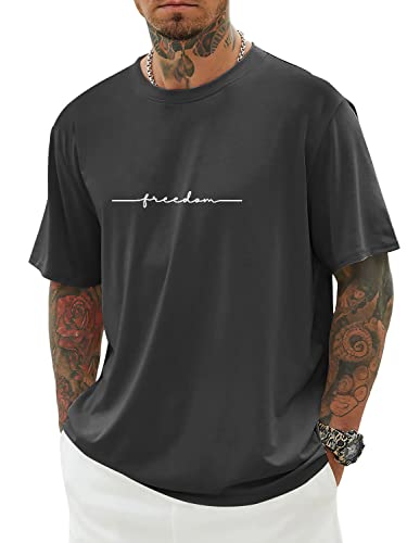 Minetom Oversized Tshirt Herren Rundhals Kurzarm Lose Sommer Oberteile Mode T-Shirt mit Freedom Kreativen Grafik Buchstaben Vintage Drucken Streetwear Sport Casual Lang Tops D Grau S von Minetom