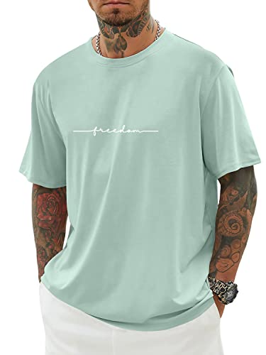 Minetom Oversized Tshirt Herren Rundhals Kurzarm Lose Sommer Oberteile Mode T-Shirt mit Freedom Kreativen Grafik Buchstaben Vintage Drucken Streetwear Sport Casual Lang Tops D Grün L von Minetom