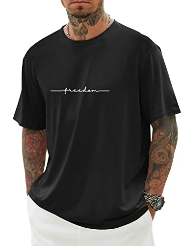 Minetom Oversized Tshirt Herren Rundhals Kurzarm Lose Sommer Oberteile Mode T-Shirt mit Freedom Kreativen Grafik Buchstaben Vintage Drucken Streetwear Sport Casual Lang Tops D Schwarz M von Minetom