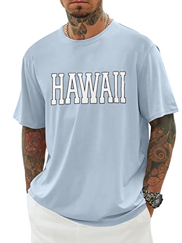 Minetom Oversized Tshirt Herren Rundhals Kurzarm Lose Sommer Oberteile Mode T-Shirt mit Hawaii Grafik Kreativen Buchstaben Vintage Drucken Streetwear Sport Casual Lang Tops G Blau M von Minetom