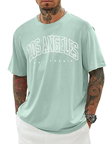 Minetom Oversized Tshirt Herren Rundhals Kurzarm Lose Sommer Oberteile Mode T-Shirt mit Los Angeles Grafik Kreativen Buchstaben Vintage Drucken Streetwear Sport Casual Lang Tops A Grün S von Minetom