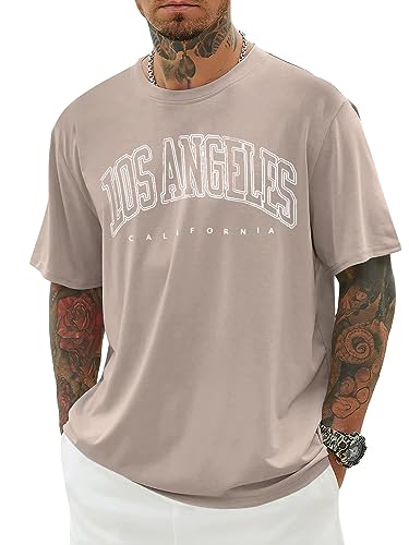 Minetom Oversized Tshirt Herren Rundhals Kurzarm Lose Sommer Oberteile Mode T-Shirt mit Los Angeles Grafik Kreativen Buchstaben Vintage Drucken Streetwear Sport Casual Lang Tops A Khaki XL von Minetom